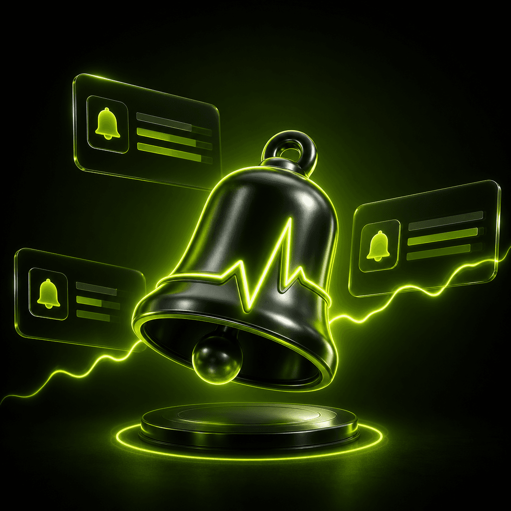 Chrome live alert bell surrounded by glowing notifications
