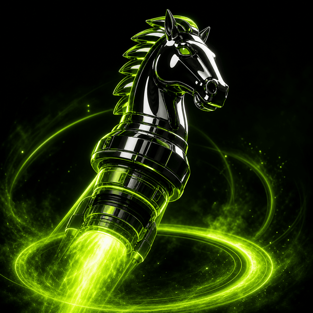 Chrome chess knight powered by a neon green engine